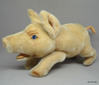 Steiff Jolanthe Pig Mohair Plush 22cm 9in Id Button 1950s Red Cord Open Mouth