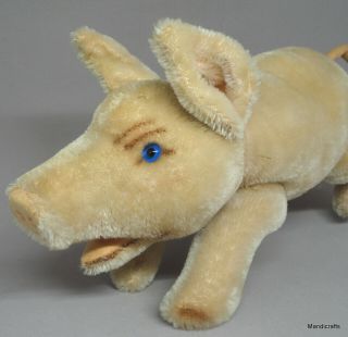 Steiff Jolanthe Pig Mohair Plush 22cm 9in ID Button 1950s Red Cord Open Mouth 3