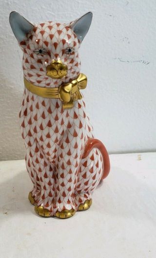Vintage Herend Orange Fishnet Cat W/ Gold Bow,  15319 Porcelain Figurine