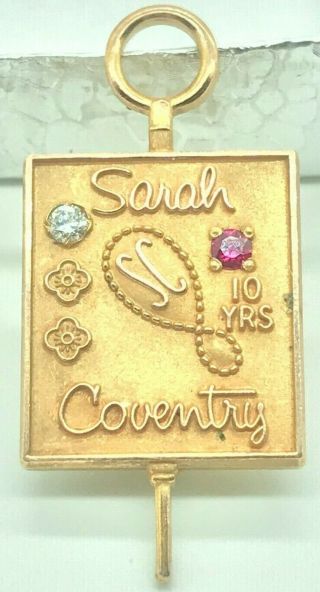 Vintage 1950 10k Gold Signed Sarah Coventry 10 Yr Award Pin With Diamond & Ruby