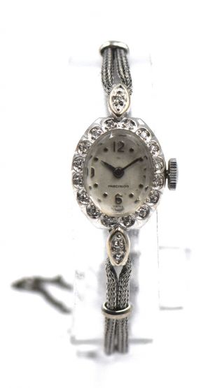 Vintage Ladies Gruen Precision Diamond Bezel Dress Wristwatch 14k White Gold