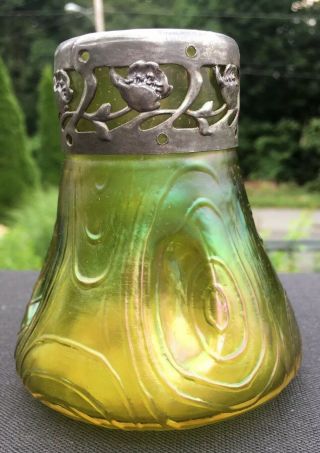 Vintage Antique Nouveau Art Glass Green Vase Metal Rim Mount Loetz Style?