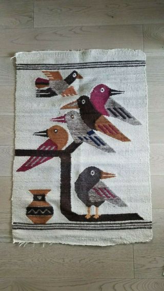 Vintage Woven Wool Mexican Bird Runner Rug Wall Hanging 25.  75 " X 37.  5 "