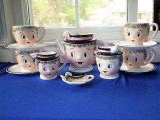 14 Pc Vtg Py Gray Hair Lady Tea Set Teapot Creamer Sugar Cups Saucers Tea Bag