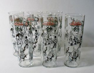 Vintage Set Of 6 Libbey Cafe De Paris (scenes From Around The World) 7 " Tumblers