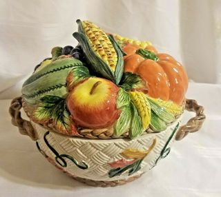 Vintage Fitz And Floyd Harvest Covered Dish Bowl Tureen Vegetable Fruit