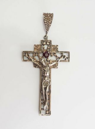 Huge Vintage Crucifix Ornate Jesus On Cross Sterling Silver Garnet Pendant