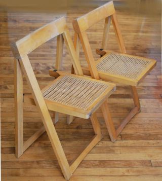 2 Vintage Mid Century Danish Modern Wood Folding Chair Yugoslavia Rattan Cane