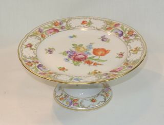 Vintage Schumann Empress Dresden Flowers Pedestal Footed Tray Plate Compote