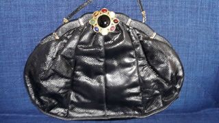 Vintage Judith Leiber Black Snake Jeweled Clasp Evening / Shoulder Bag