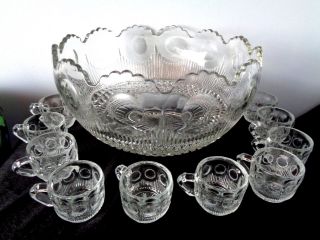 Rare Xl Vintage Punch Bowl Set Manhattan Us Glass Tiffin Bartlett Collins 1910