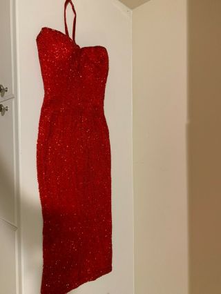 Oleg Cassini Size 2 Vintage Black Tie Evening Gown Red Halter Beaded Dress