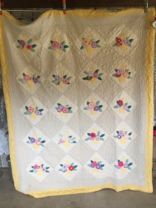 Vtg Handmade Quilt Flowers Basket 70” X 88” Dated 1939 As Found Hand Sewn