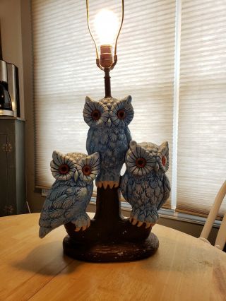 Vintage 3 Owl Chalkware Lamp
