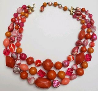 Vintage Signed Hattie Carnegie Beaded Necklace Multi - Strand Pink Orange
