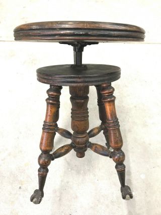 Vintage Old Piano Stool Wood Adjustable W/ Claw Feet Glass Ball Antique Swivel