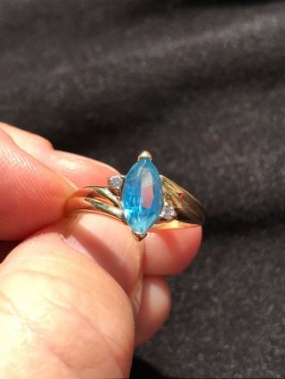 Vintage 14k Yellow Gold Natural Blue Topaz Marquise Solitaire With Diamond Ring
