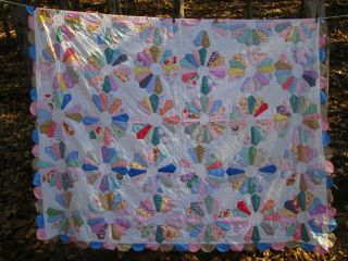 Vintage Dresden Plate Quilt Coverlet Hand Sewn Bright 64 " X 74 " Euc