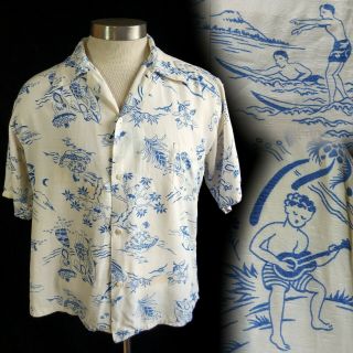 Vintage 1950s Hawaiian Aloha Shirt Blue And White Surfing Ukulele Palm Trees