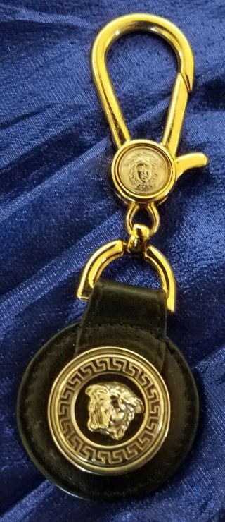 Vtg Gianni Versace Key Ring Medusa Head Brass And Silver Leather Italy