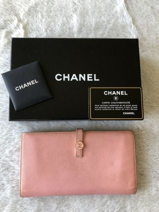 Authentic Chanel Wallet Pink Large Bifold Vintage Grained Leather