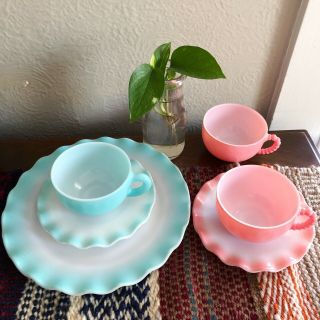 Vintage Hazel Atlas Crinoline Pink Blue Saucer Plate Cup Ruffled Cute