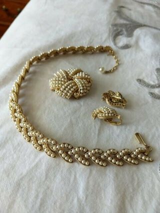 Vintage Pearl Necklace,  Earrings,  Brooch Set In.  Trifari.