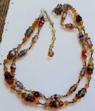 Miriam Haskell Vintage Necklace Gorgeous Amber Red Green Blue Art Beads