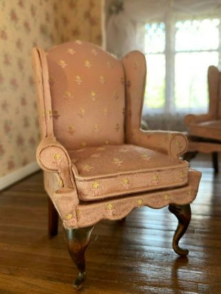 Vintage Miniature Dollhouse Artisan Nellie Belt Rose Silk Upholstered Chair 1984