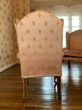 Vintage Miniature Dollhouse Artisan Nellie Belt Rose Silk Upholstered Chair 1984 2