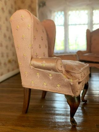 Vintage Miniature Dollhouse Artisan Nellie Belt Rose Silk Upholstered Chair 1984 3
