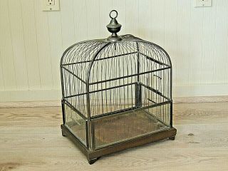 Vintage Brass Wire Bird Footed Cage W /4 Glass Panels - 13 " X 9 " X 17 " Tall,  Vgc