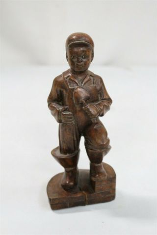 Vintage Chinese Hardwood Hand Carved Brick Layer Wooden Boy Figurine Signed