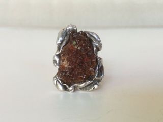Vintage Sterling 925 Rough Cut Geode Crystal Dark Amber? Chunky Ring Sz 8