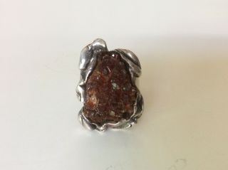 Vintage Sterling 925 Rough Cut Geode Crystal Dark Amber? Chunky RING Sz 8 2