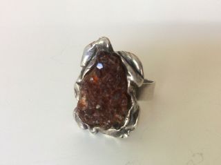 Vintage Sterling 925 Rough Cut Geode Crystal Dark Amber? Chunky RING Sz 8 4