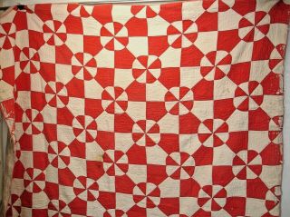Q21 - Vintage Quilt,  Red And White Circle Pattern,  Hand Quilted,  80 X 62 In.