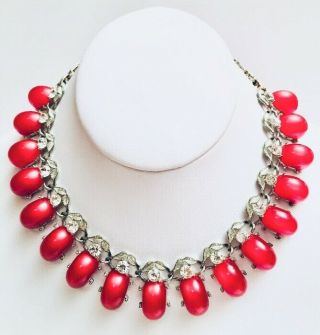 Vintage Silver Tone Rhinestone Red Moon Glow High End Designer Necklace 16” Long