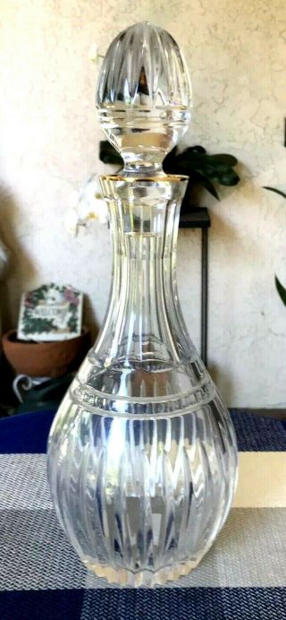 Vtg Marquis By Waterford Crystal Hanover Decanter W Stopper Gold Rin 12.  25in T