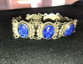 Vintage Taxco? Mexico Sterling Silver Blue Cabochon Bracelet