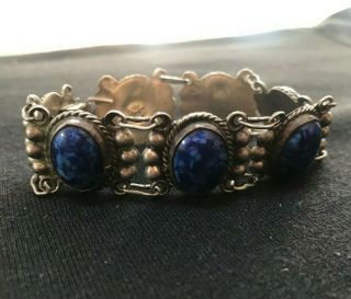 Vintage Taxco? Mexico Sterling Silver Blue Cabochon Bracelet 3