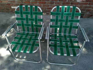 2 Vintage Matching Aluminum Folding Webbed Lawn Arm Chairs Green / White