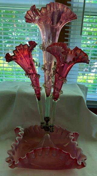 Vintage Cranberry Glass Ruffled Epergne With Three Horns From An Estate