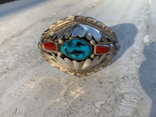 Stunning Vintage Hand Made Apache Sterling Silver W/ Turquoise & Coral Cuff