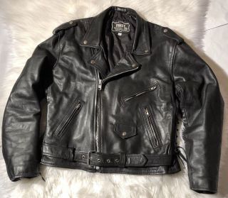Vintage First Leather Mens Motorcycle Biker Jacket Black Size 46