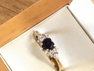 Pretty Vintage 9ct Diamond and Heart Shaped Sapphire Ring,  1987 - Size O,  1/2 6