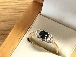 Pretty Vintage 9ct Diamond and Heart Shaped Sapphire Ring,  1987 - Size O,  1/2 8