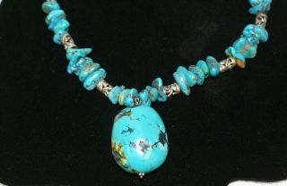 Vintage Turquoise And Sterling Silver Beaded Necklace With Large Center Stone