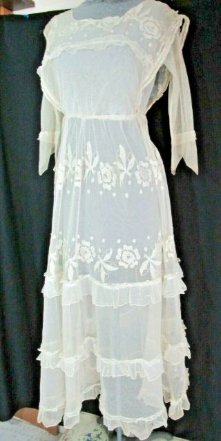 Antique Edwardian Embroidered Net Lace Tea Gown,  Embroidered Tulle Dress