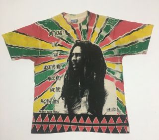 Vintage 90s Bob Marley All Over Print Positive Vibration T Shirt Size L